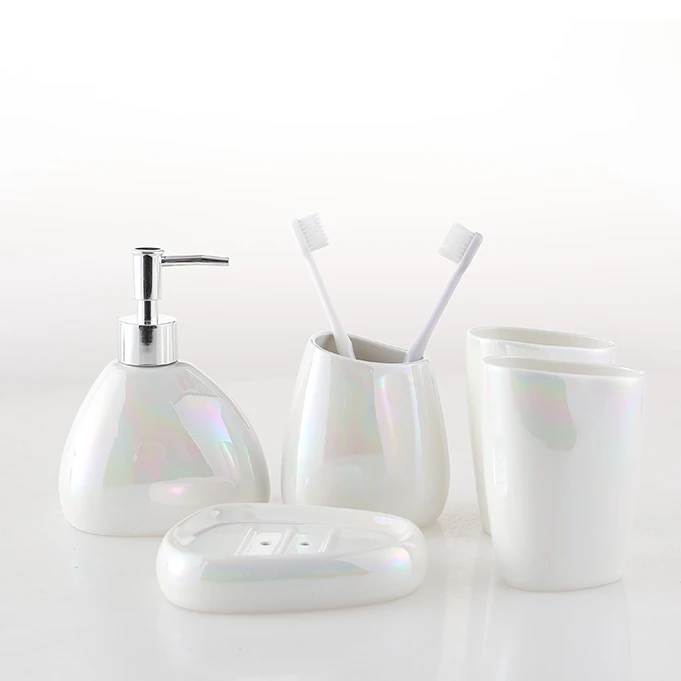 Wholesale Accessories Hotel Iridescent Ceramic Mouthwash Cup Toothbrush Holder Soap Dish Dispenser Bathroom Set