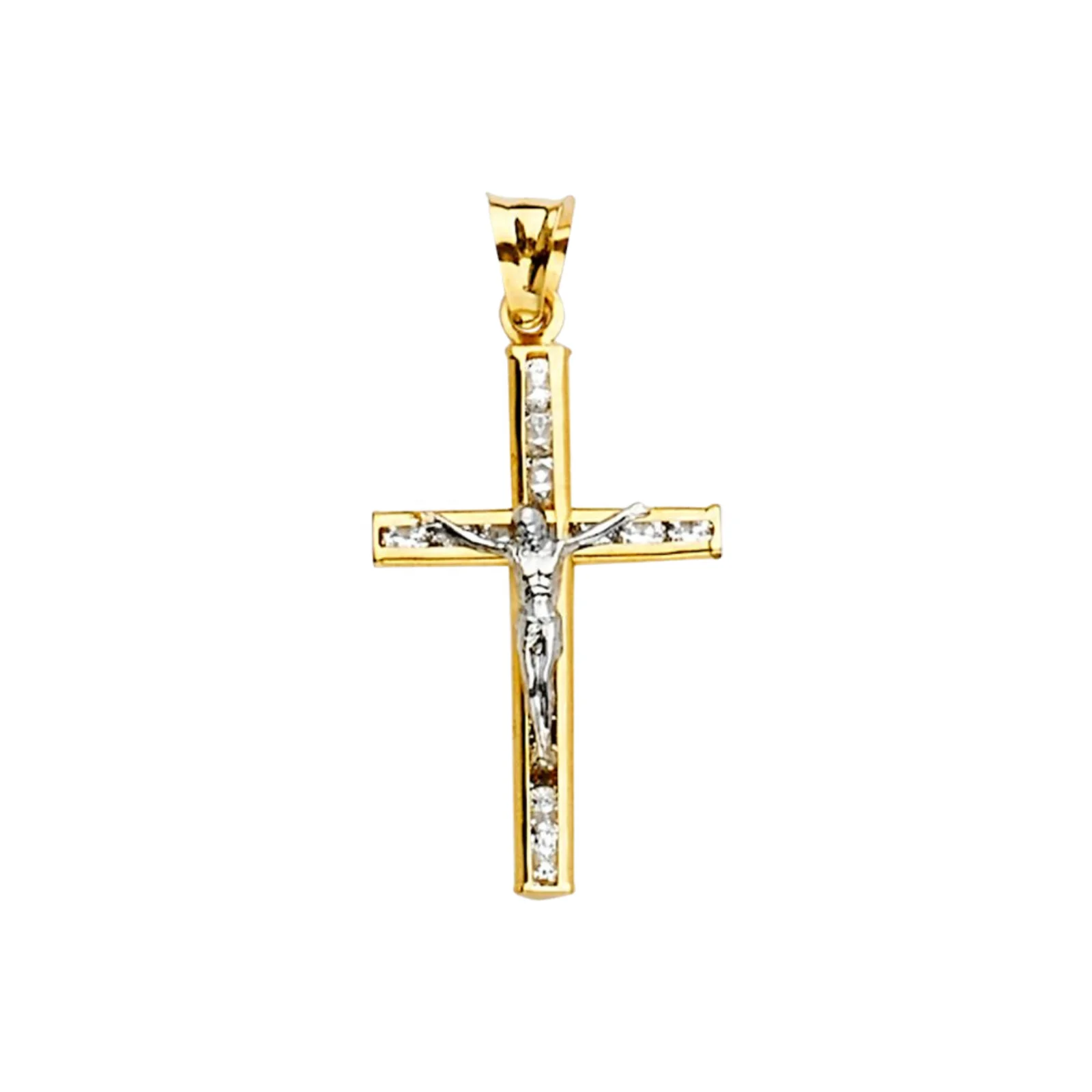 14k Two Tone Plated Gold CZ Diamond Studded Crucifix Jesus Cross Religious Charm Pendant Jewelry