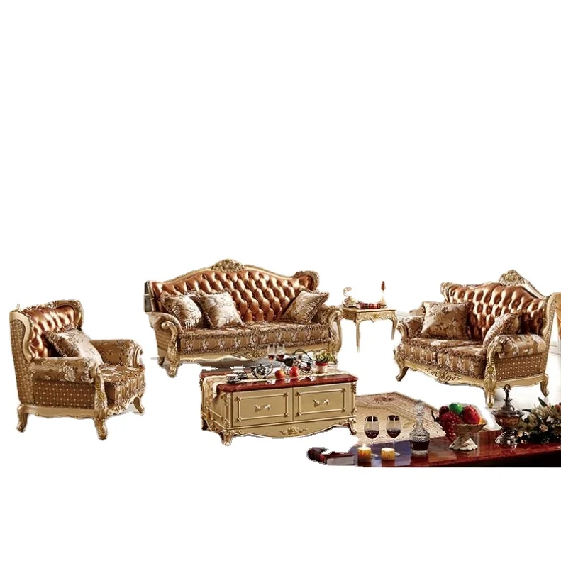 7 Seater Royal Luxury Antique Living Room Furniture Original Leather Sofa Set White And Gold Fabric Living Room Sofa Set