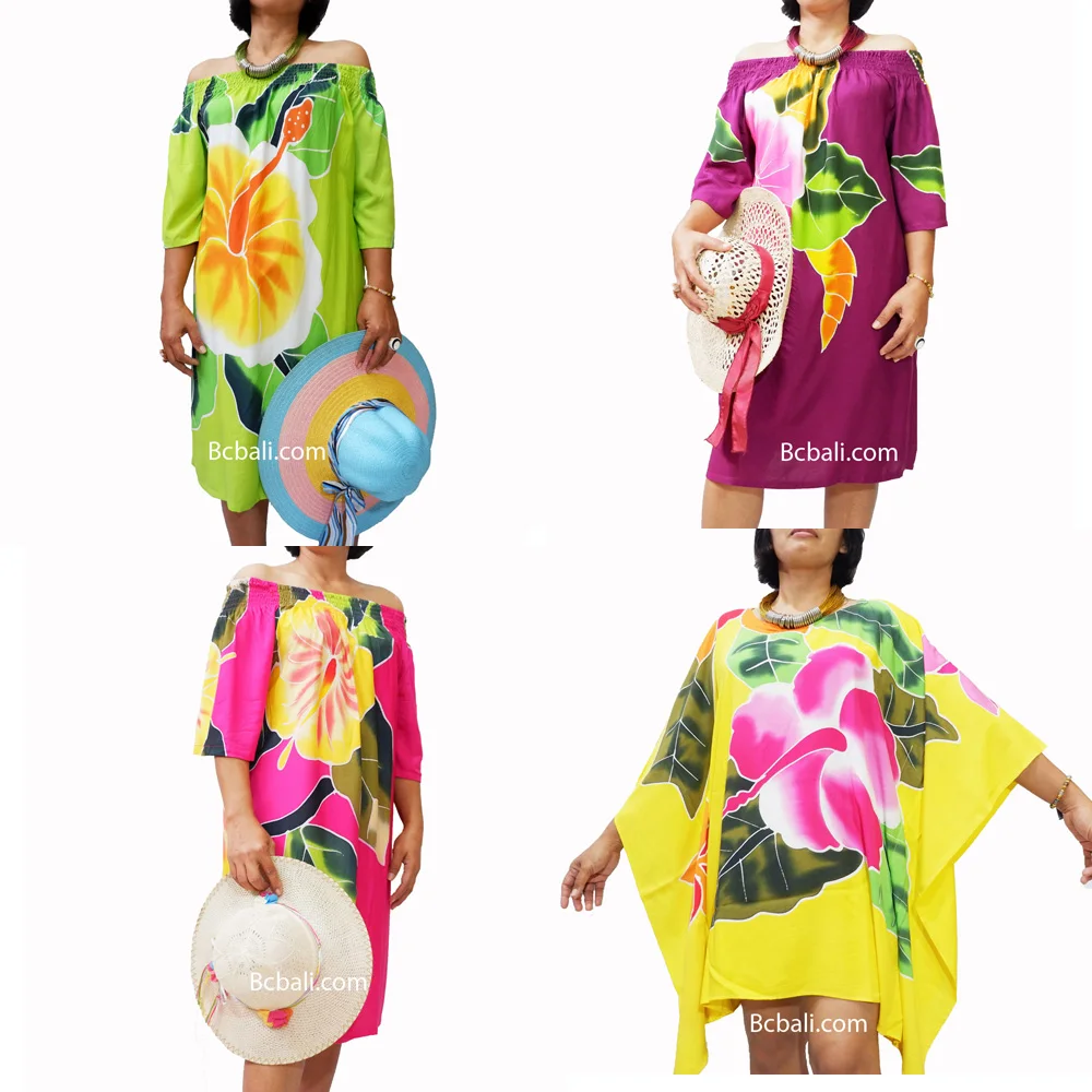 Wholesale Alot Daily Clothing Women Fashion Poncho Dress Rayon Hand Painting with Flower Direct From Bali Batik Hand Painting