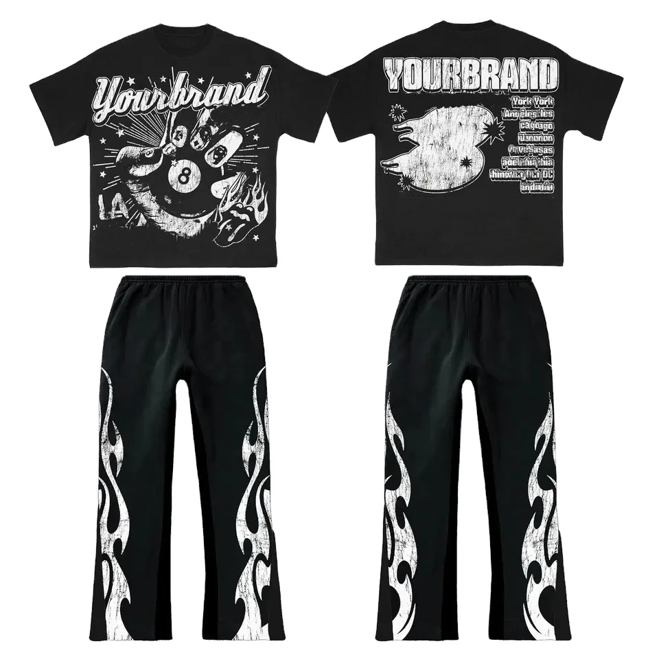 Custom Acid Washed Sweat Suits 100% Cotton French Terry Oversized Tracksuit Heavyweights Men Flare Sweatpants And Hoodie Set