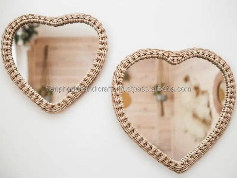 Handmade craft home Heart shape vanity large beauty round decorative woven wood wicker willow frame rattan wall mirror