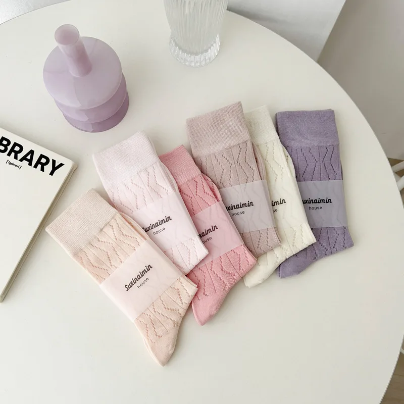 Korean New Fashion Pink Color Girls Tube Socks Cotton Knitted Solid Color Women Socks
