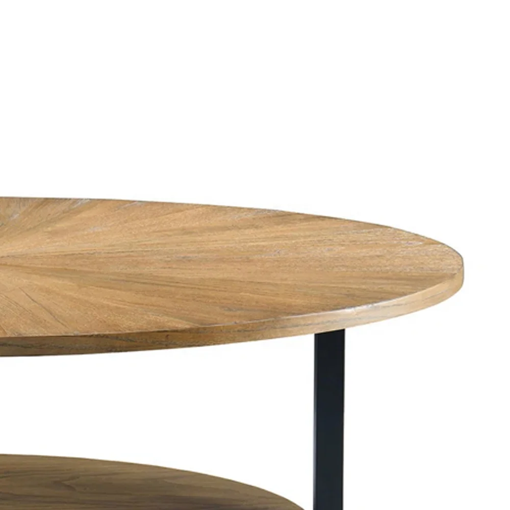 Modern Coffee Table Oval Solid Teak Wood With Natural Finish and Black Leg