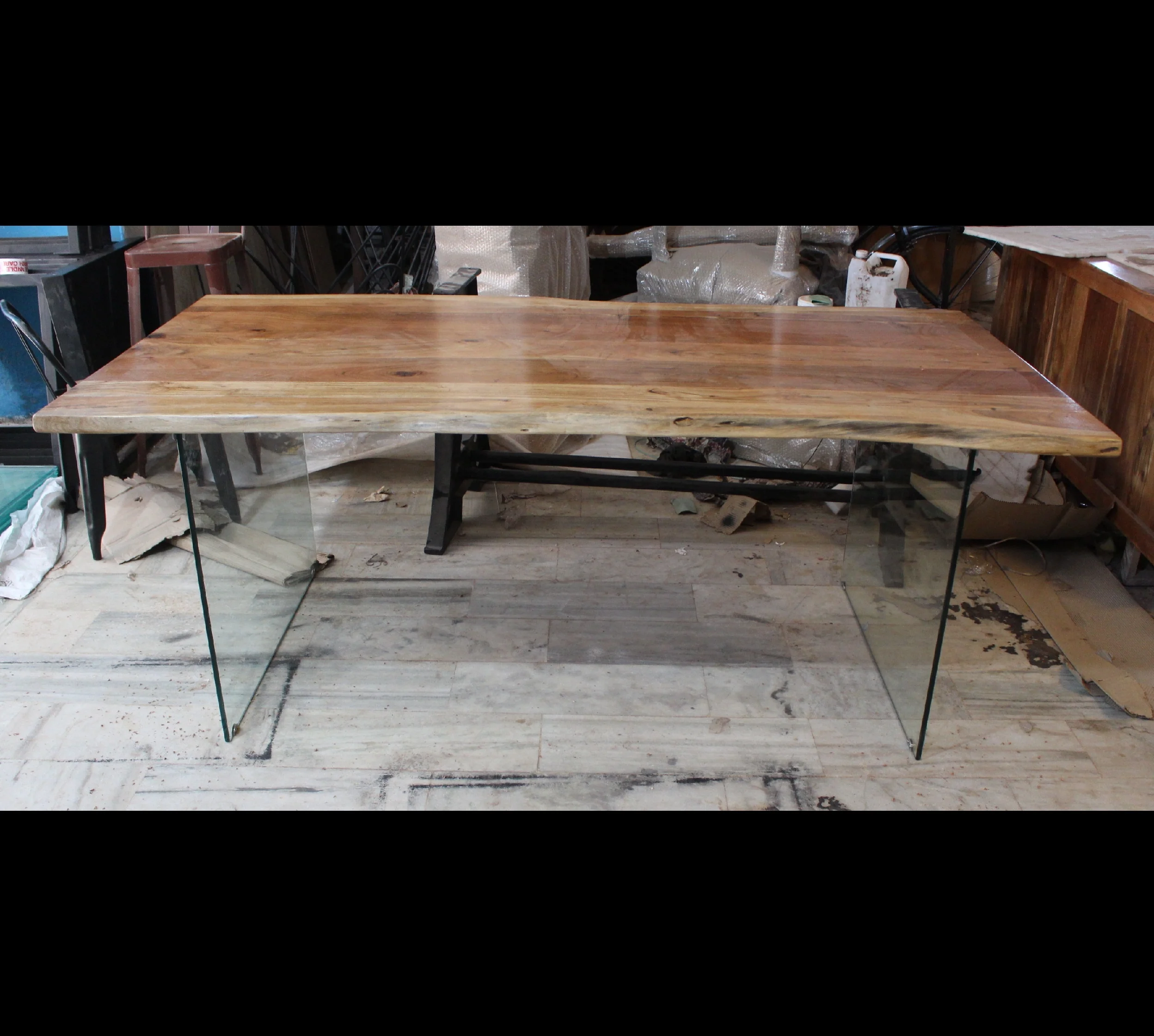 Restaurant Vintage Rectangular Home Furniture With Glass Legs Wooden Top Solid Wood Dinning Table