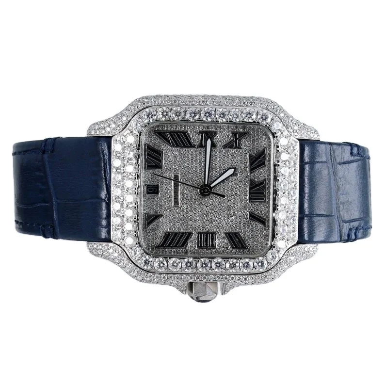 Imported Automatic Movement Custom Luxury Watches Blue Leather Strap Moissanite Watch Classic Mechanical Watch for Man