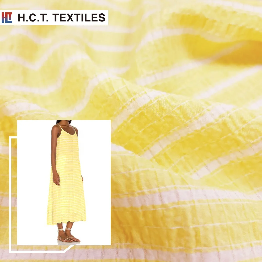 Мягкие желтые белые полосатые тканые ткани 130 г полиэстер вискоза спандекс seersucker для блузки