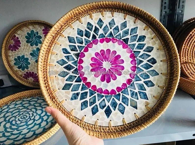 Hot Selling Amazon Wholesale Rattan Mother of Pearl inlay Serving Trays from Vietnam low MOQ