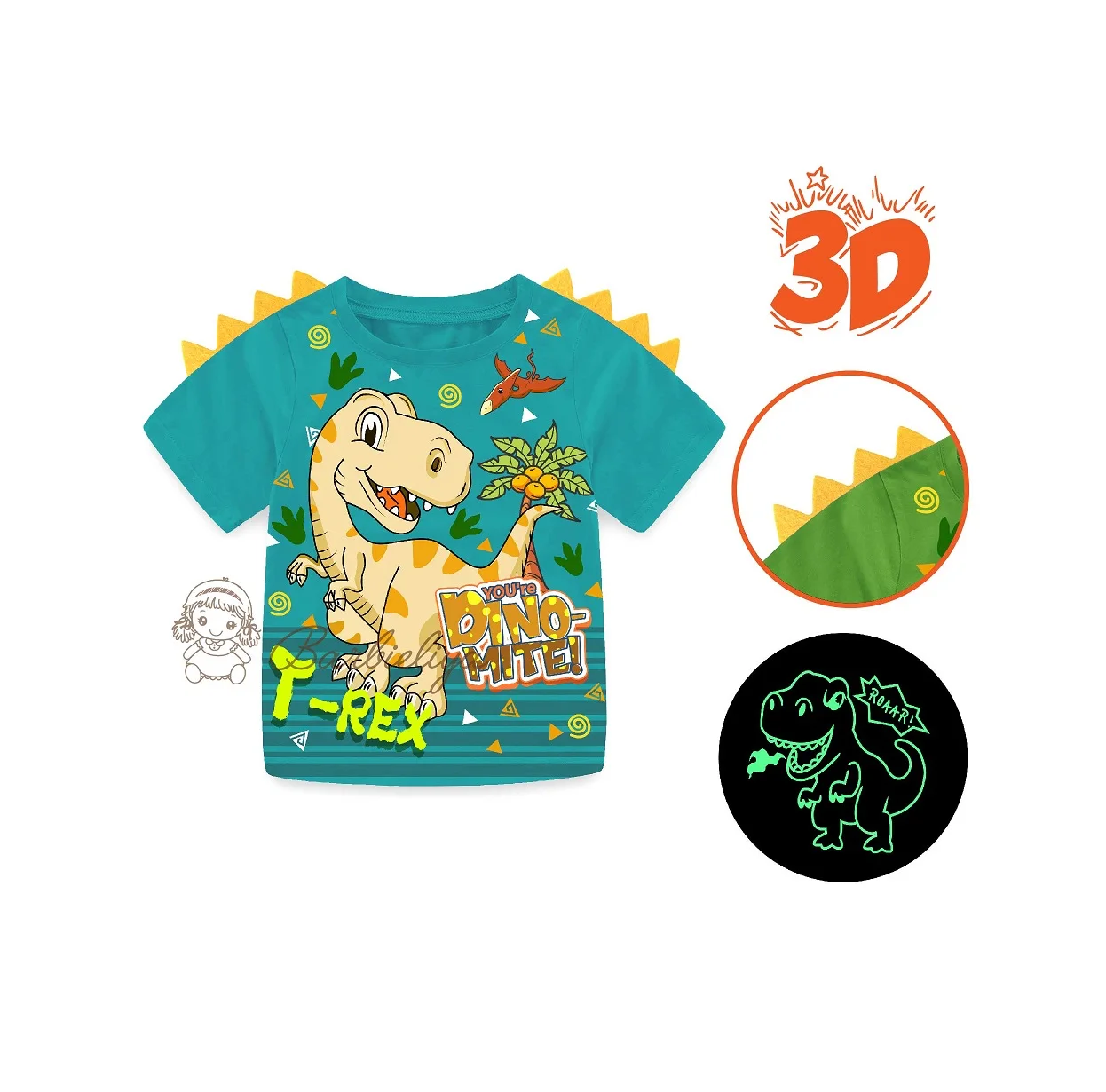 Barbieliya boy 3D shark animal T-shirt glow in the dark outerwear
