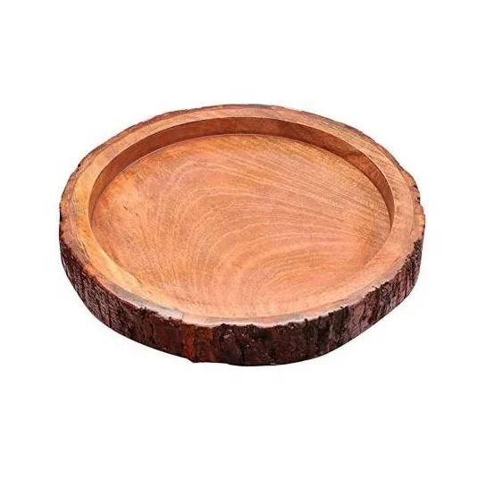 Rustic wood Bark Border Mango Wood Serving Plate of Dia 10 inches At Low Price