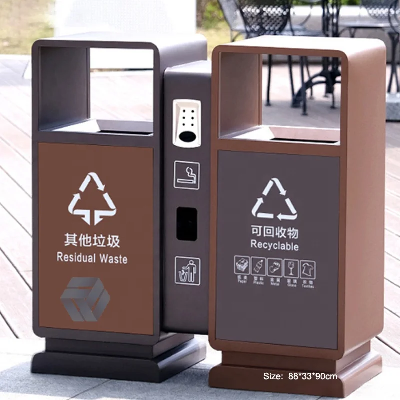 HYX Outdoor Park Wpc Wood Garbage Trash Can Outside Public Garden 2 Comartment Waste Container Bin Commercial Recycling Dustbin