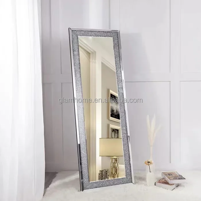 Crystal frame wooden backing fancy long decoration living room full mirror large dressing bedroom floor mirrors wholesale