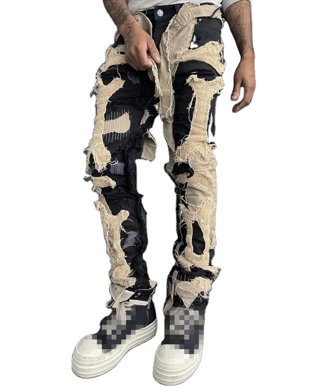 The new arrival of ragged patch jeans street wear hip hop vintage decal pants slim fit stylish denim jeans