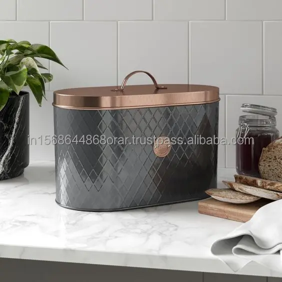 Metal Bread Box for Kitchen Storage Grey & Copper Embossed Kitchen Canister- Perfect Bread Keeper