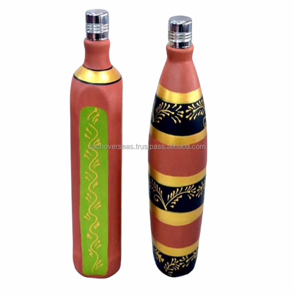 100% Handmade Indian Pottery Earthenware Brown Colour Painting Clay Water Bottle For Sale, Surai Water Bottle 1200 ML