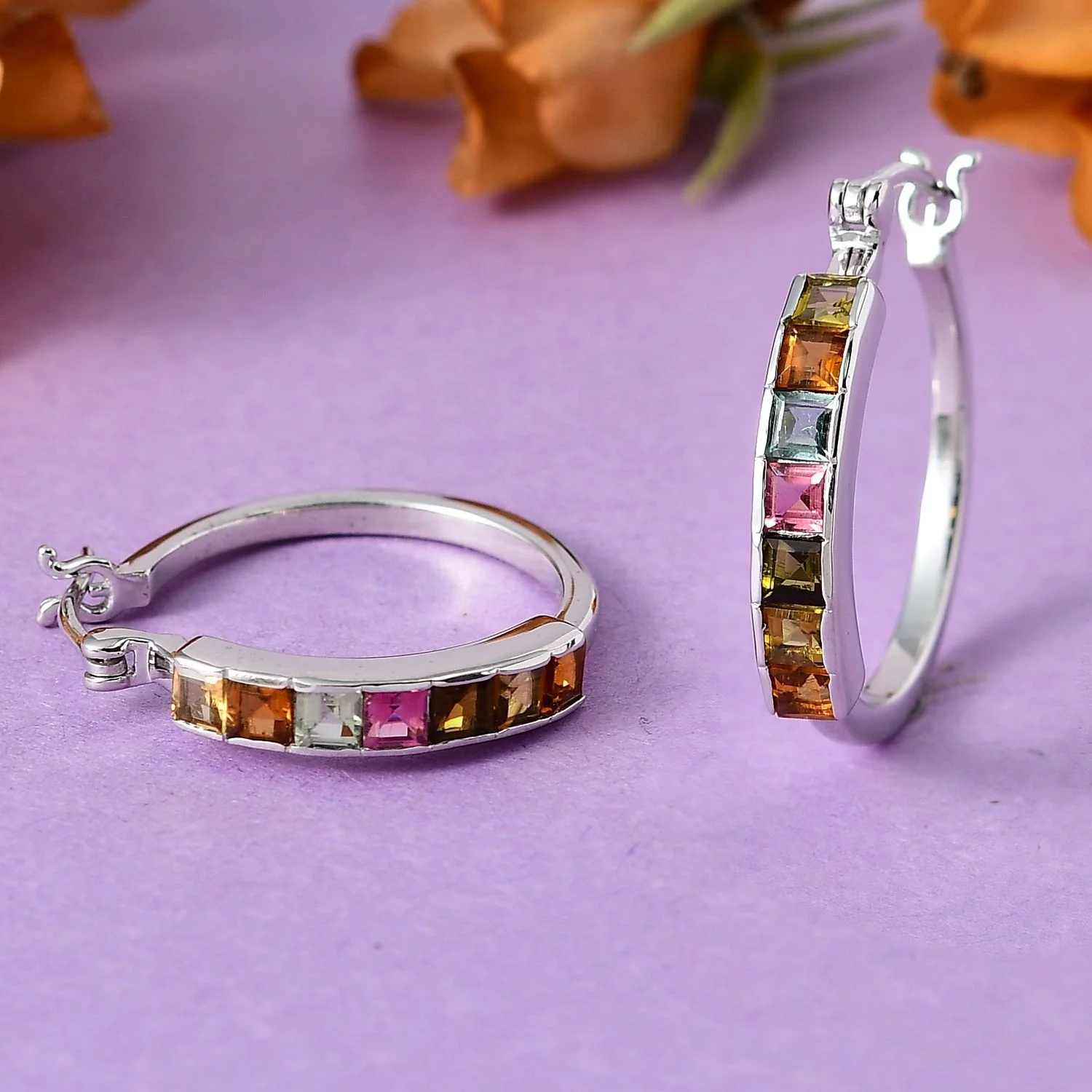 Princess Cut Multi-Tourmaline Hoop Earrings in Platinum Over Sterling Silver High Quality Wholesale Earrings Jewelry for Women