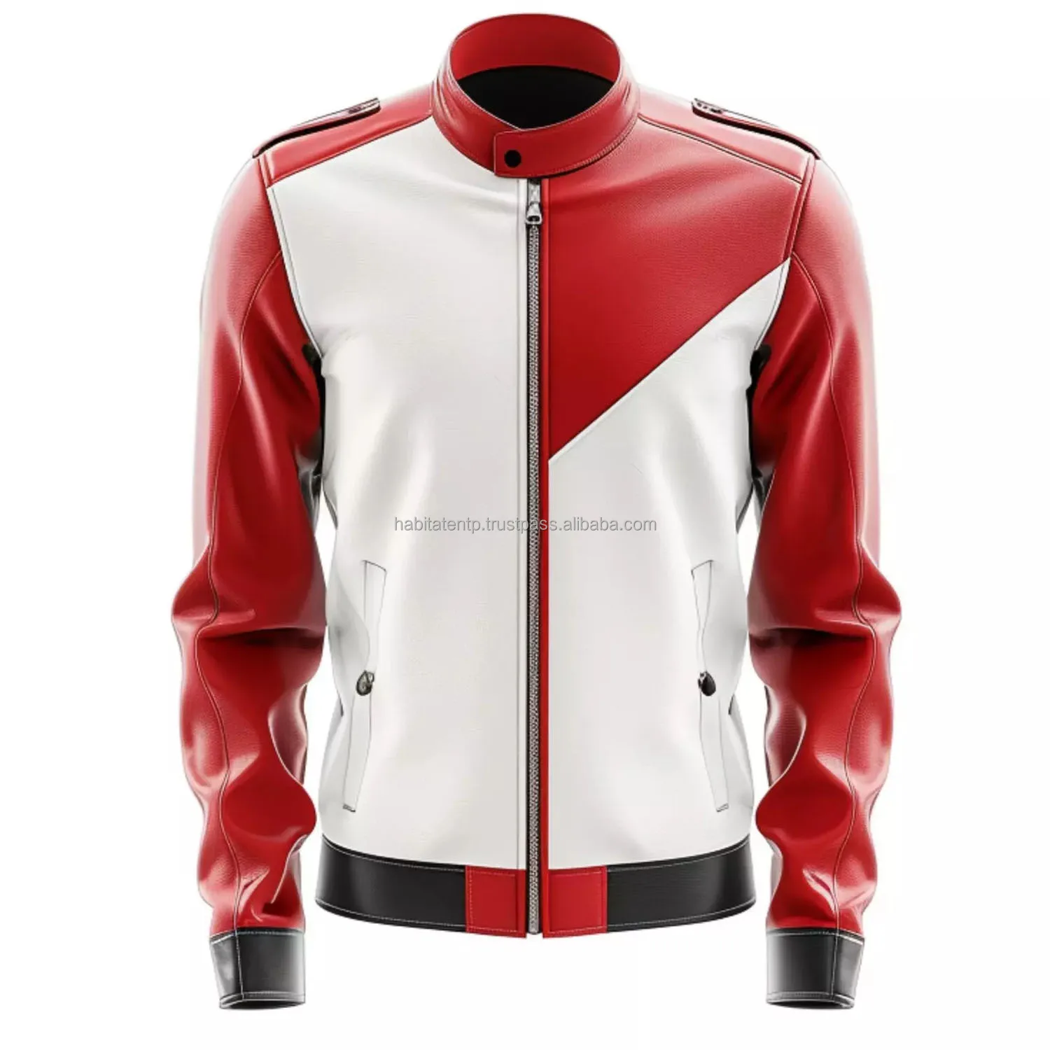 Men Biker Handmade Genuine Leather Red White Motorcycle Fashion Jacket Up Collar Classic Look Slim Fit Long Sleeves