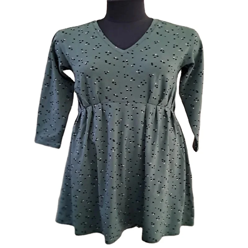 Trendy Lovely Color Cotton Printed Full Sleeves Pleated Dress with V-neck Design Great for Casual Outing for Girls and Women