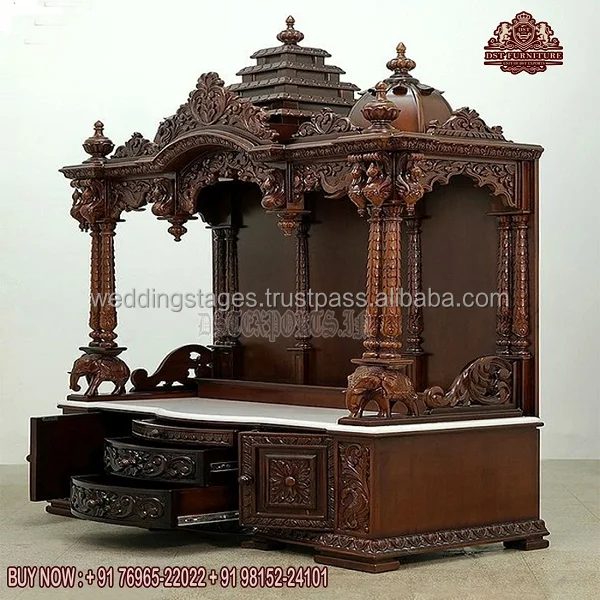 Большой темный полированный Pooja Mandir с шкафом Божественный двухцветный Полированный Храм из тикового дерева экзотический дизайн вырезанный вручную индийский храм
