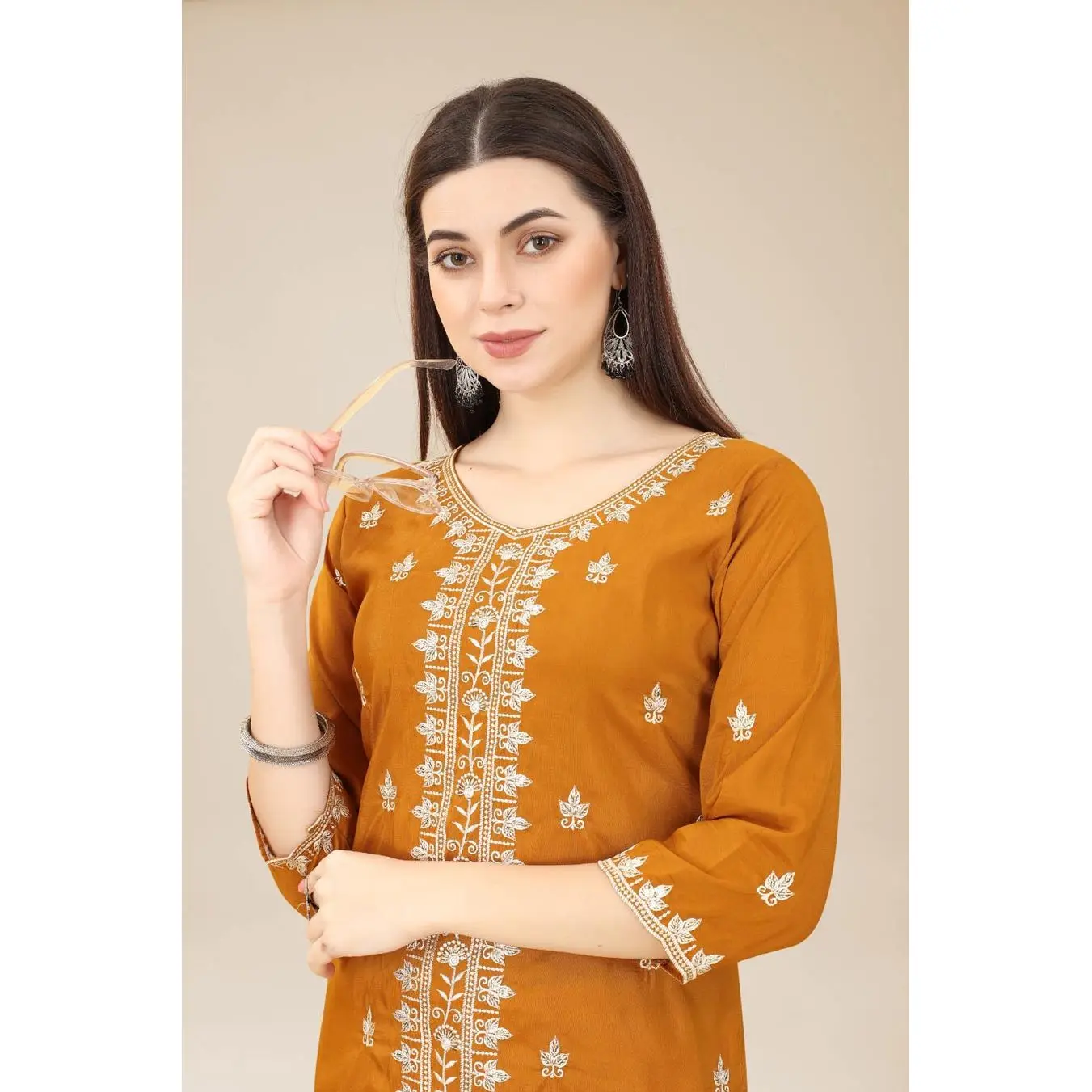 FANCY SOFT SHINY SILK CHIKANKARI ONLY KURTI YELLOW