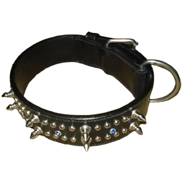 Leather Dog Collar with Studs, Clinchers & Rhinestones Popular Custom Plain Color Decorative Leather Dog Collar Best Premium