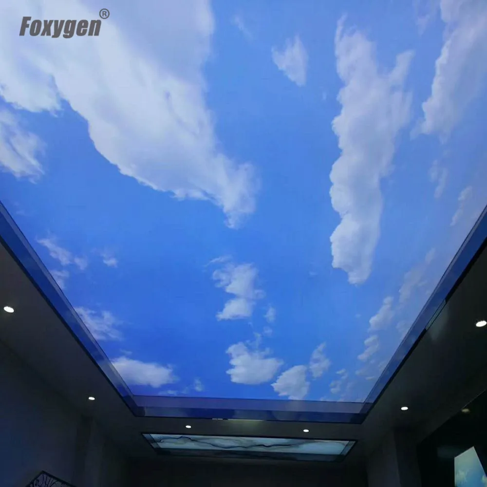 Hanging ceiling, blue sky and white clouds  stretch ceiling film create outdoor sky for interior design