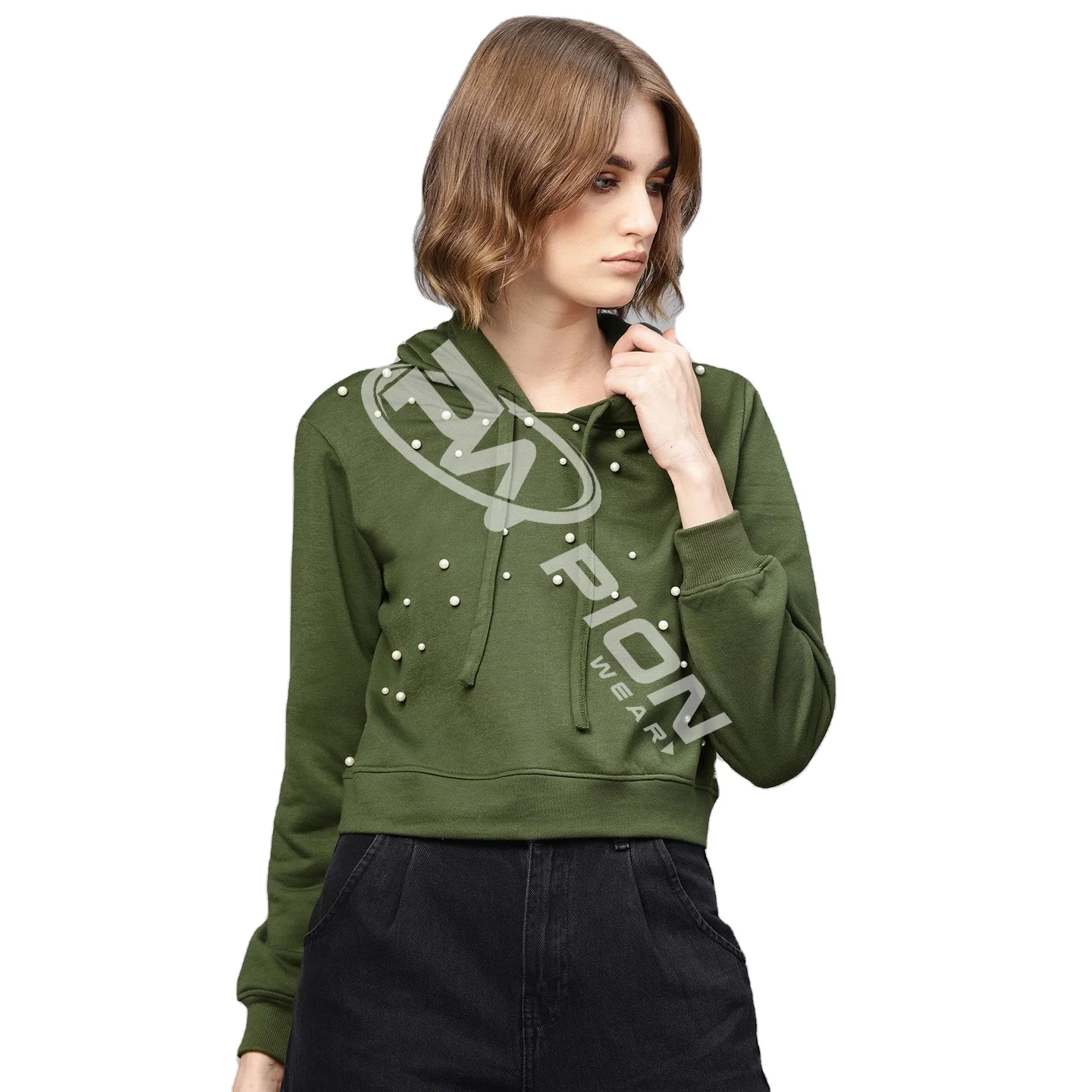 
Olive Green Embellished Long Sleeves Wonderful Designed Wholesale Sweatshirt hoodie for Womens 