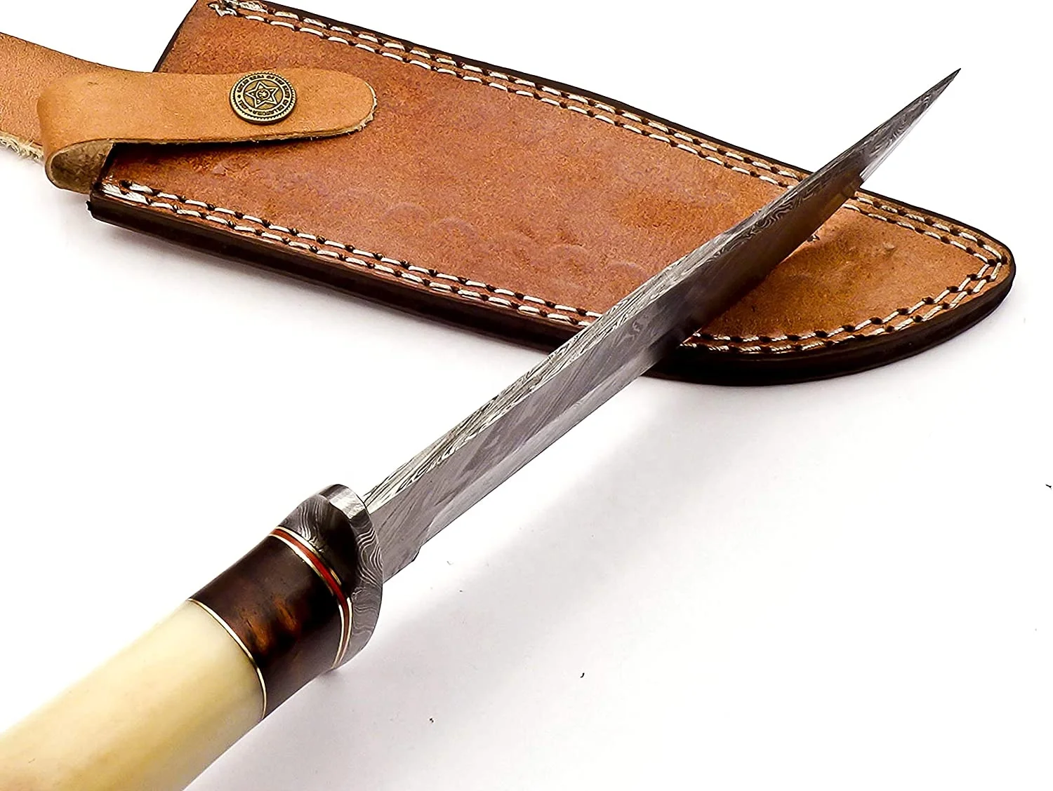 Hunting Knife Custom Forged Real Damascus Steel Hunting Outdoor Knife with Resin Handle Knife For Hunters With Leather Sheath