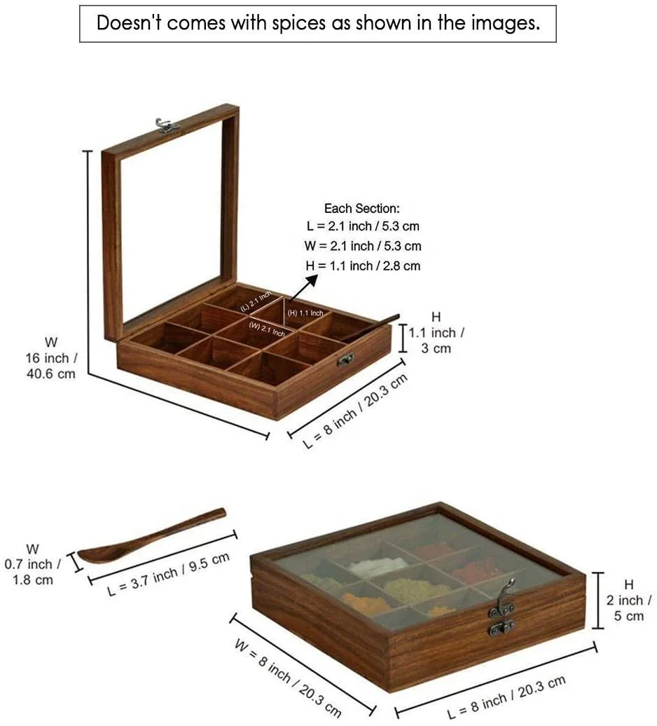 Sale Spice Box With Spoon In Acacia Wood Spice Box For Kitchen Indian Wood Container With Lid Decorative Kitchenware