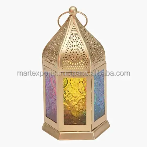 Moroccan Metal Candle Lantern with Colored Glass Antique Metal Candle Lantern Hanging Indoor and Outdoor