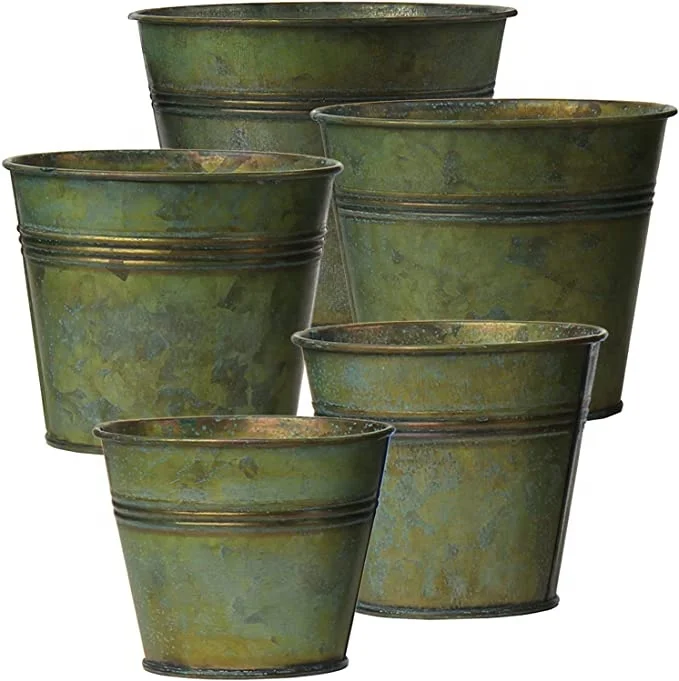 Vintage Green Galvanized Tin Planter Metal Bucket Pot or vase for Farmhouse Planter Indoor outdoor Home customizable