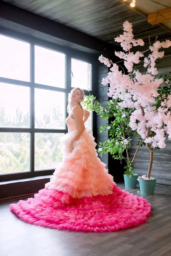 Indian Handmade Peach Tiered Gown For Photoshoot Women Pink Wedding Dress