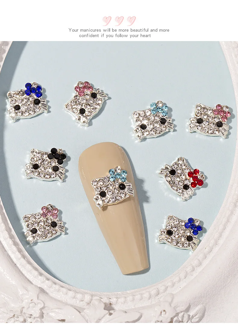 Hello Kitty Nail Accessories  Metal Alloy Accessories Diamond Kawaii 3D Kitty Nail Charms Cat Rhinestones