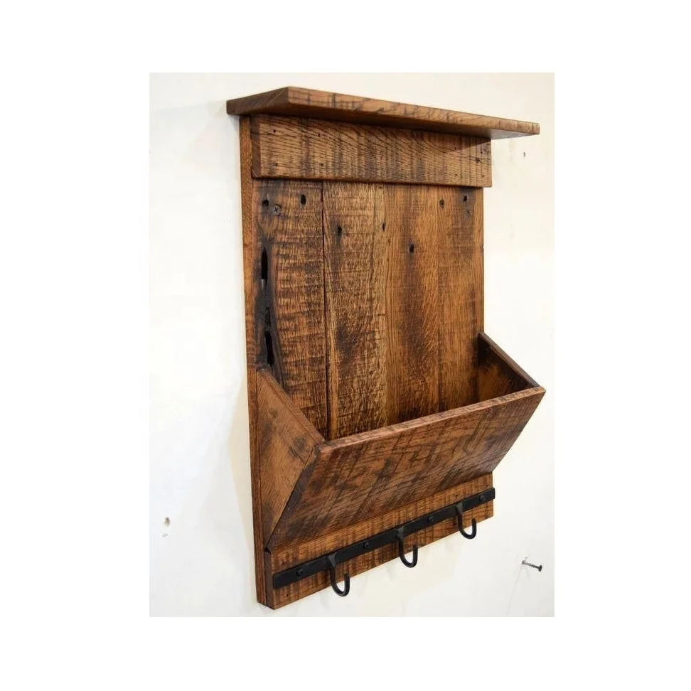 Vintage blue rustic Wood Wall Mounted Mail Holder with 6 Key Hooks for living room decoration