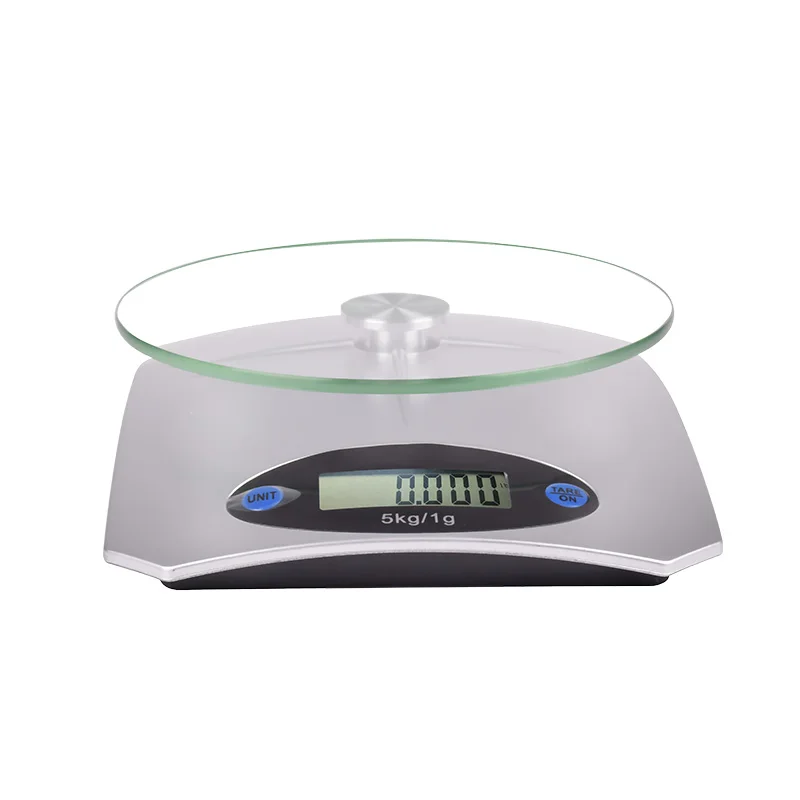 Silver Electronic Kitchen Scale with Round Platform and Digital Display - Peel, Pad, and Auto-zeroing Functions - 5kg Capacity