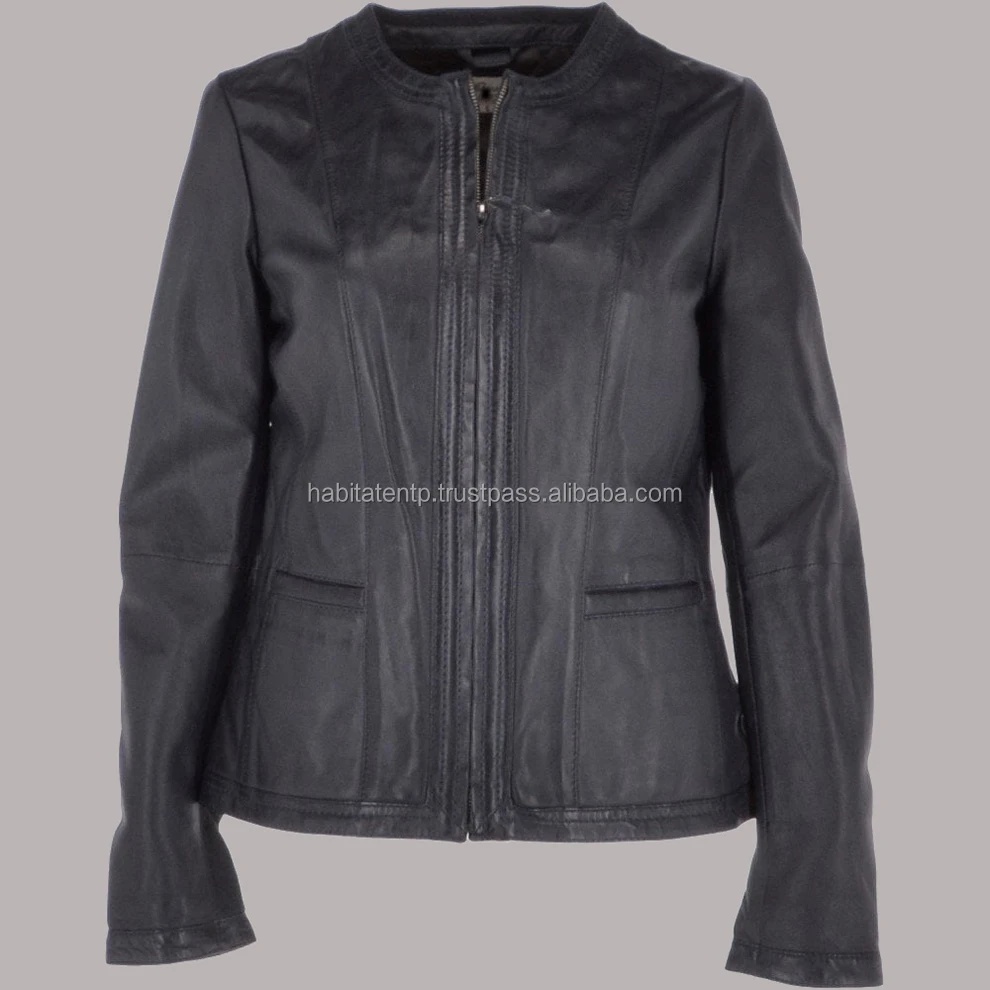 Collarless Genuine Leather Women Jackets Black New Popular Fashion 2 Pockets Thick Warm Stylish