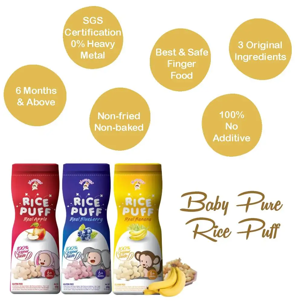 Malaysia-Made Halal Baby Rice Puffs Gluten-Free Blueberry Puree Snacks Sugar-Free and Shelf Life of 12 Months