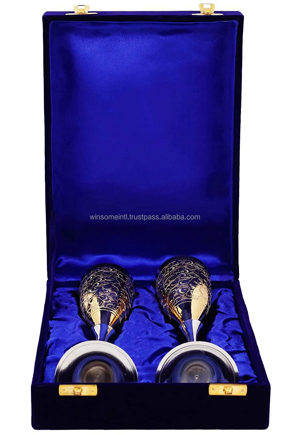 Copper wine Glass Embossed Design Coated Classic Design Medium size 2 Pieces Silver & Gold Glass With Blue Box