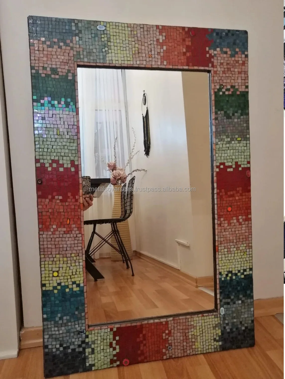 Natural Mosaic Decorative Hanging Rectangle Ceramic Tile Inlay Wooden Frame Mirror for Wall Home Art Decor