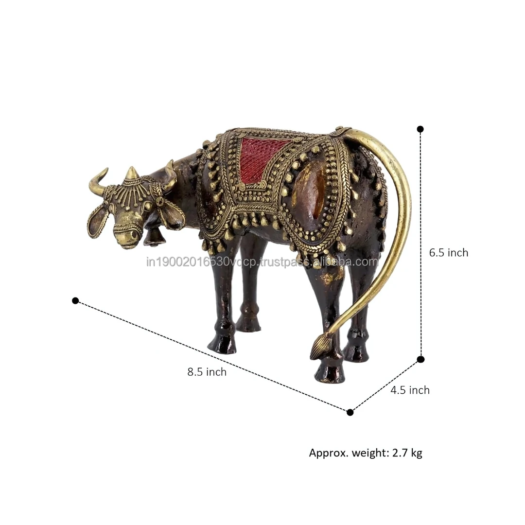Tribal Pure Brass Goddess Art Cow Grazing Nandi Statue 8.5 x 6.5 Inch Multicolor Handcrafted Metal Cow Statue Home Decoration