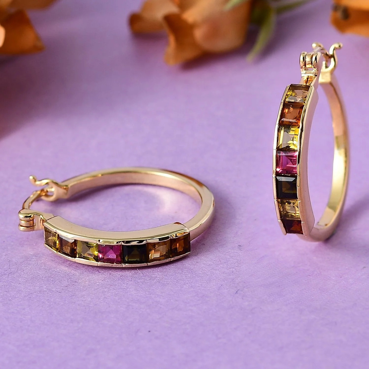Princess Cut Multi-Tourmaline Hoop Earrings in Vermeil Yellow Gold Over Sterling Silver High Quality Wholesale Earrings Jewelry