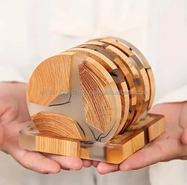 Transparent natural wood and epoxy resin coasters set