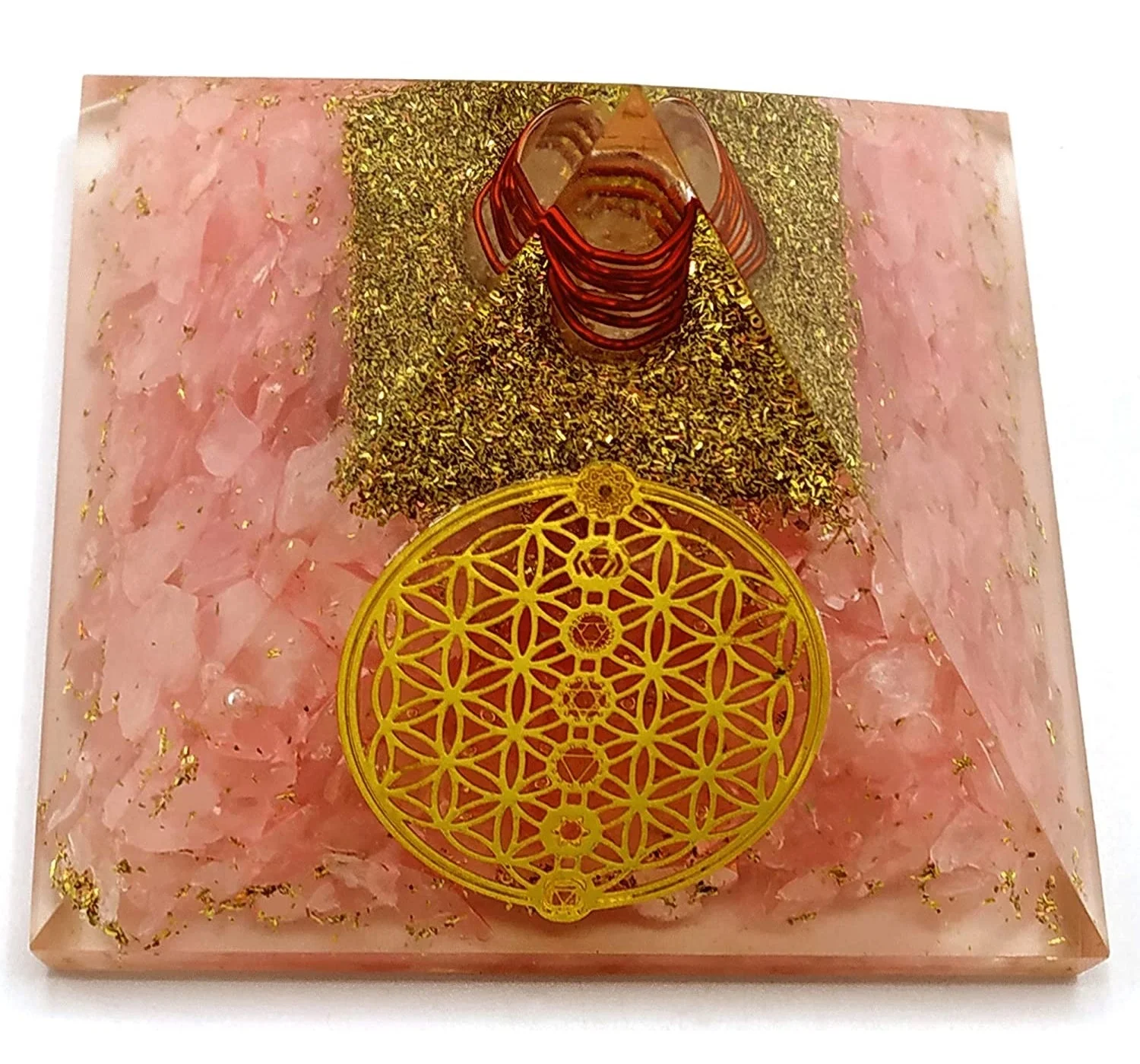 Natural Rose Quartz Orgone Pyramid With Chakra Symbol Rose quartz Orgonite Pyramid Orgone Pyramid Wholesale