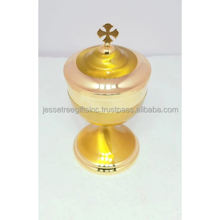 Brass Church Ciborium With Shiny Polish & Yellow Enamel Finishing Round Shape Genuine Quality Cross Inlay On Lid For Drinking