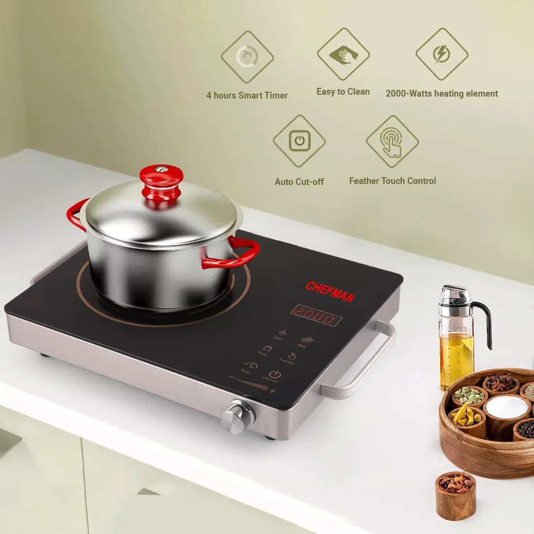 Portable 1-Burner Induction Cooker Touch Control High Efficiency Infrared Ceramic Cooktop Stove Electric Power Household Use