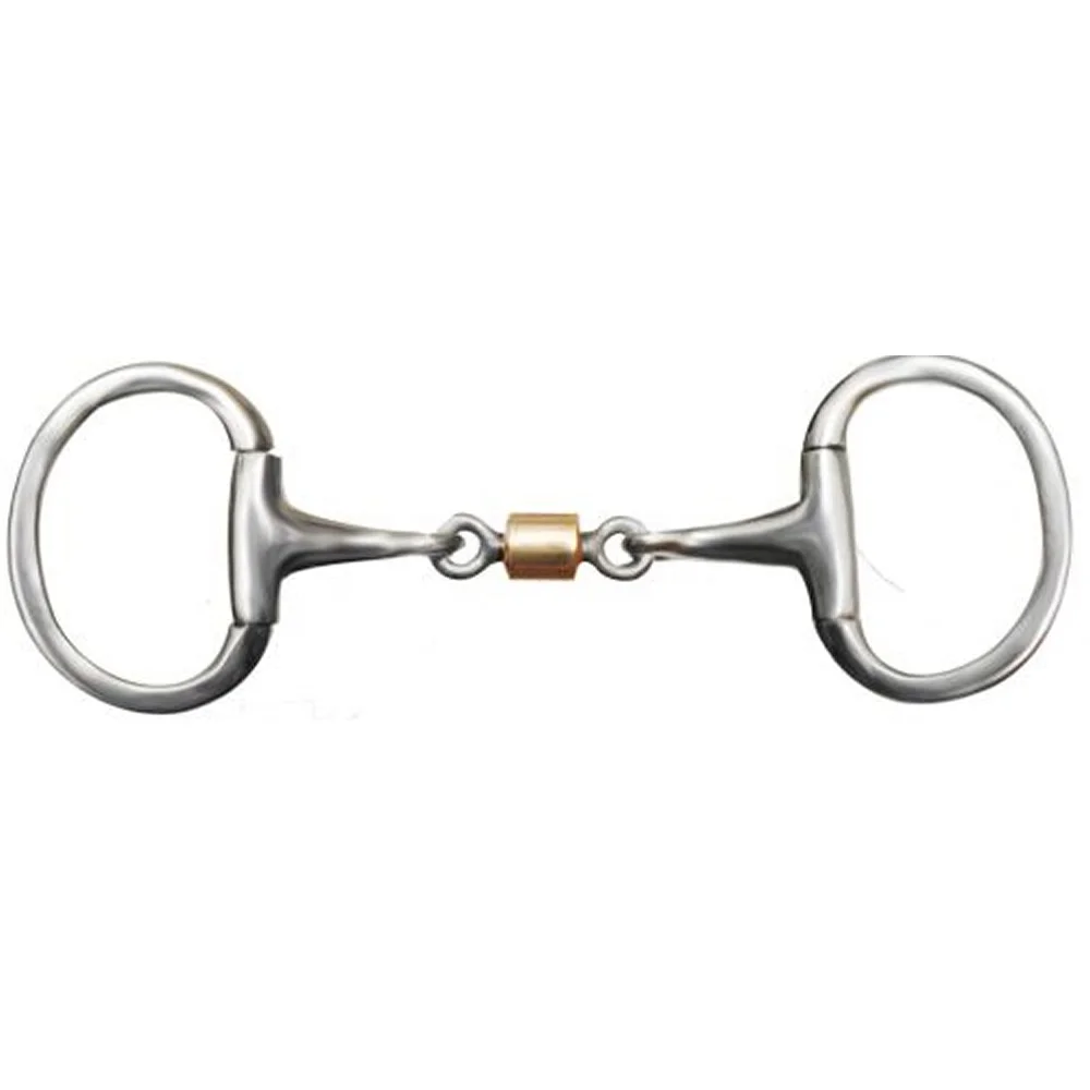 Eggbutt style bit with 3 ring cheeks. Stainless steel 5 mouth piece with sliding copper roller dog bone
