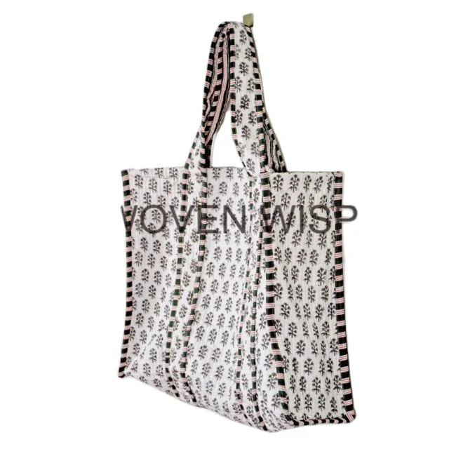 Quilted Tote Shoulder Patch Bag Cotton Handprint Floral Eco-friendly Sustainable bag Yoga Shopping Beach Artist Boho Weekend Bag