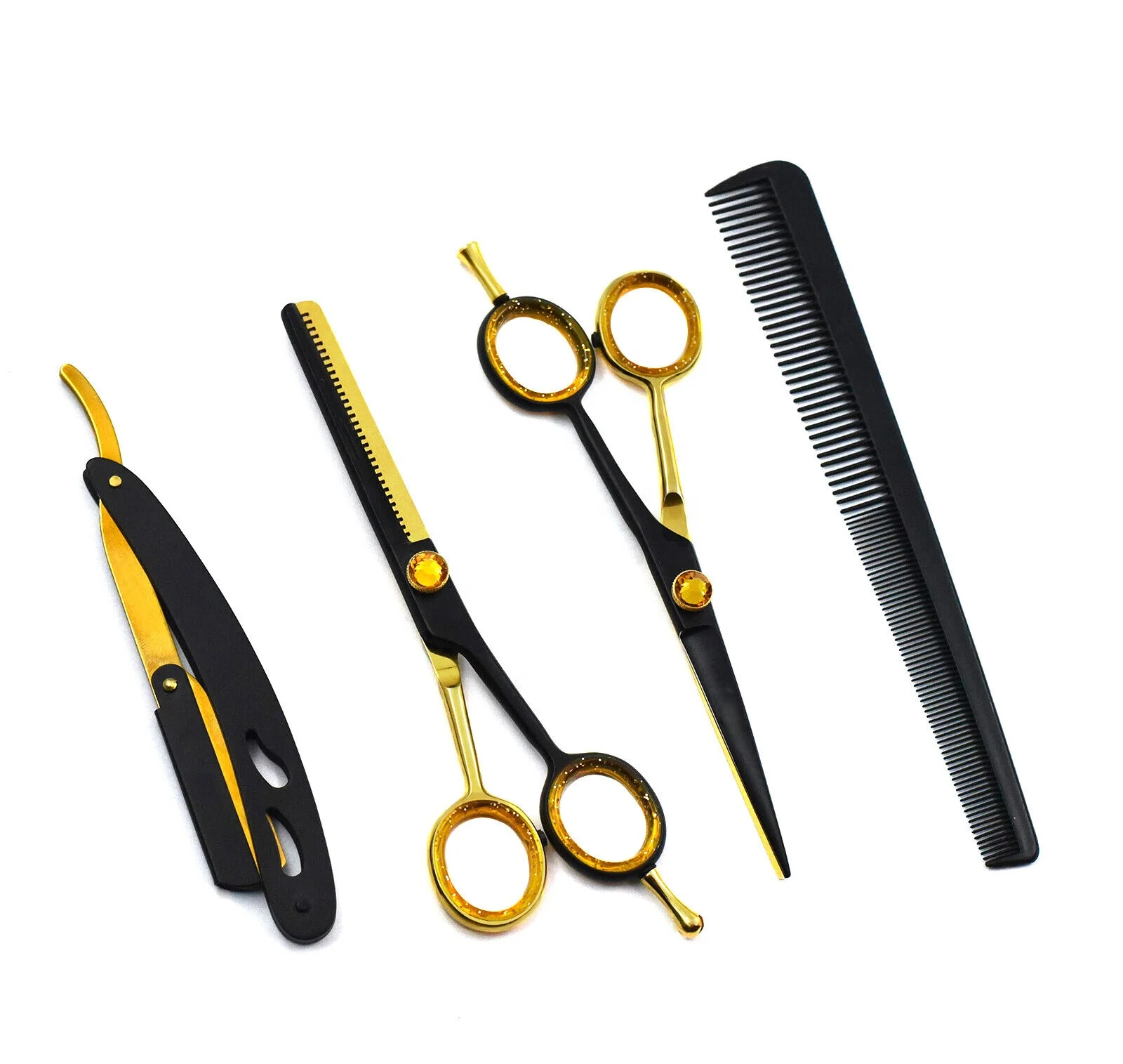 Профессиональные Парикмахерские ножницы для стрижки и филировки набор из нержавеющей стали черного золотого цвета с бритвенным гребнем