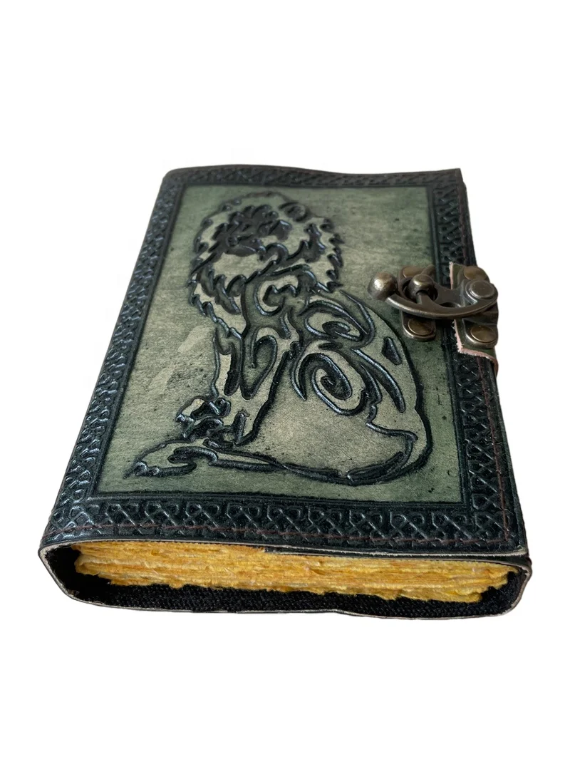 Vintage Leather Journal 200 Sketchbook Book of Charmed Spell Antique Handmade Deckle Edge Paper Lion Charcoal Green Embossed