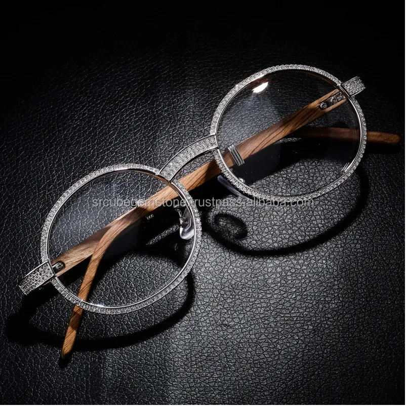 Vintage Round Moissanite Sunglasses Luxury Men Women Oval Crystal Wood Glasses Fashion Eyewear Hip Hop Jewelry